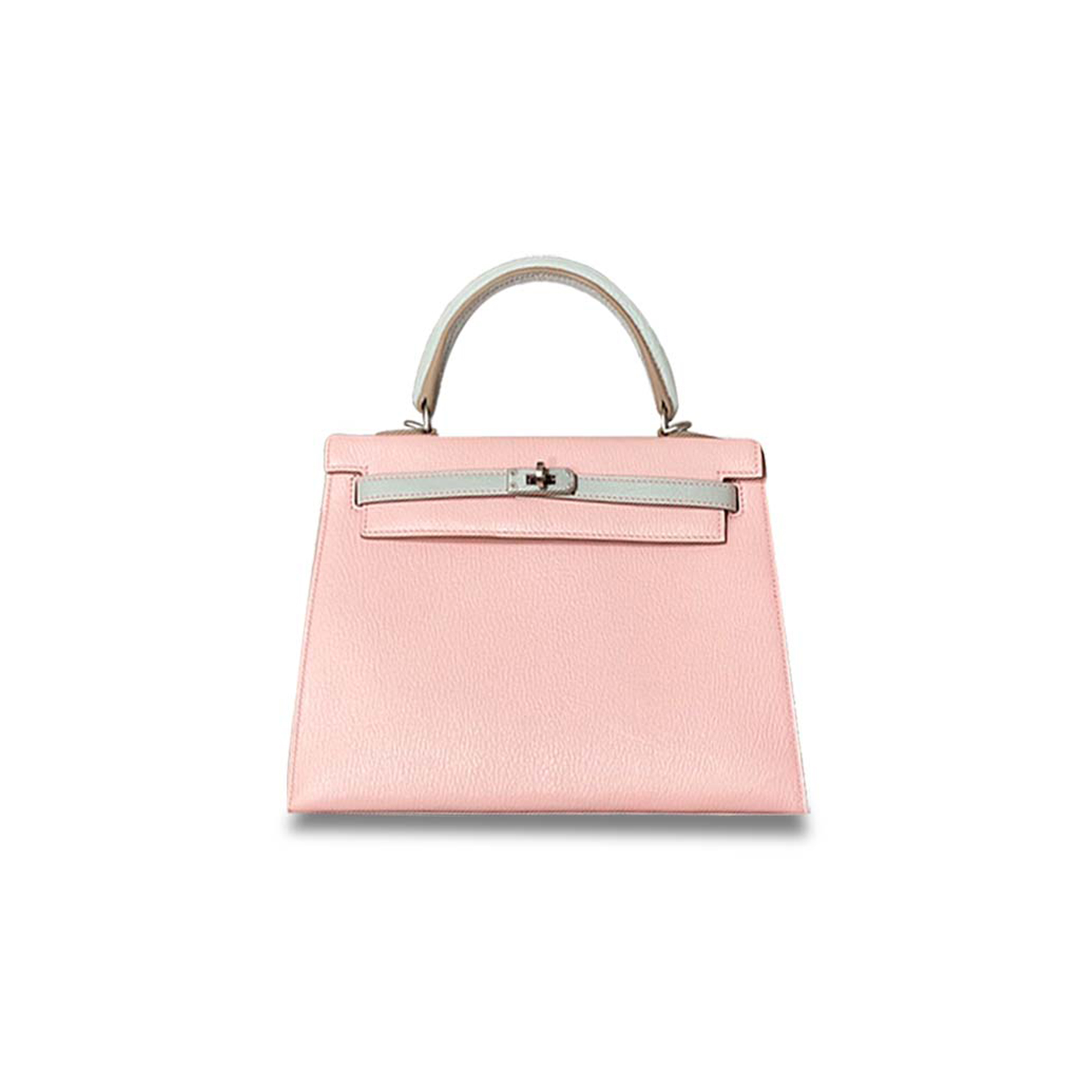 H**mes kelly 25 chevre 3q pink with pearl gray silver buckle (25*17*7cm)